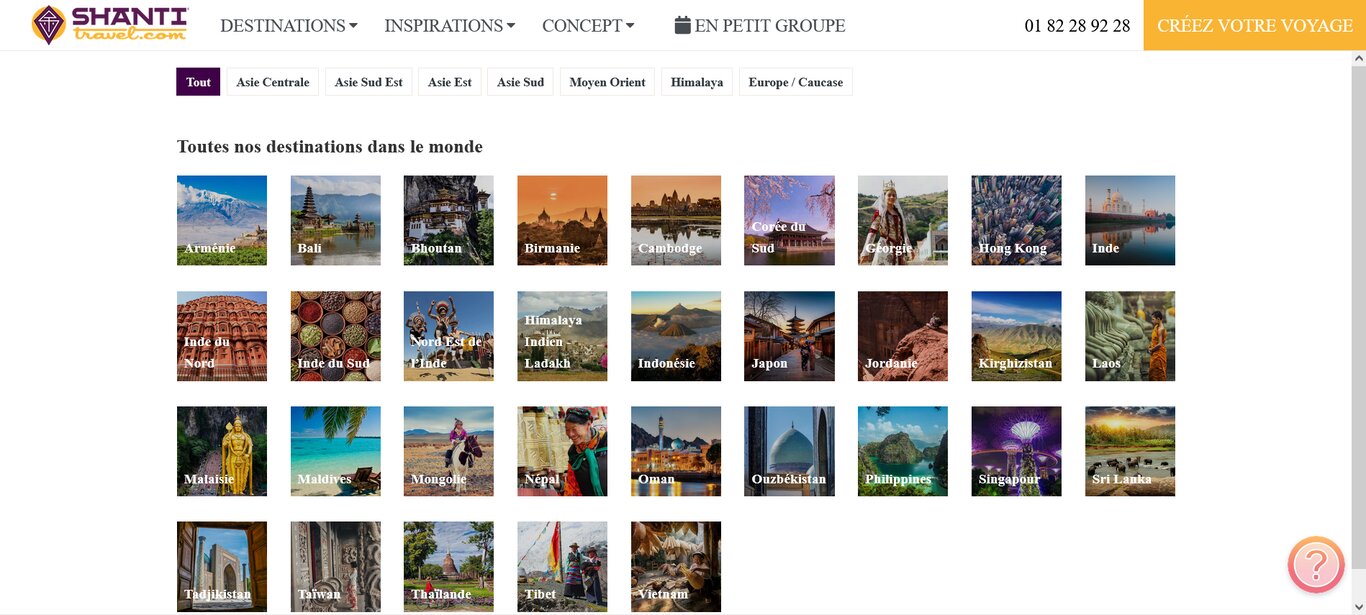 Page des destinations proposées par Shanti Travel