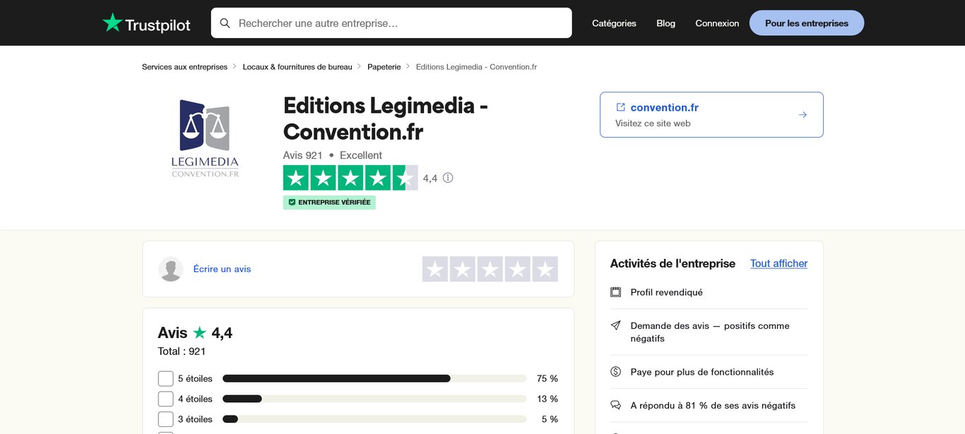 Page Trustpilot du site Legimedia / Convention.fr