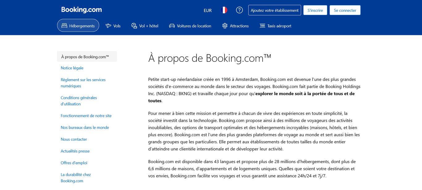 Page "Notre histoire" du site Booking.com